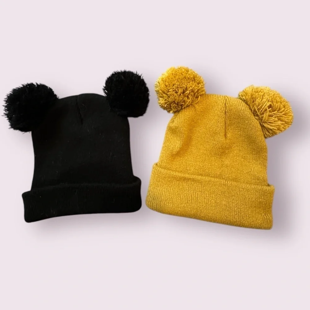 Infant Bear Ear Pom Pom Beanie Set Black Tan Baby Hat OS